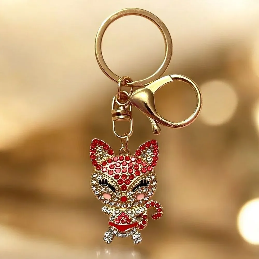 ⭐️3/$25⭐️ Red Rhinestone Cat Gold Tone Key Chain Bag Charm